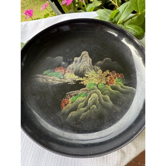 Set of 6 Vintage Hand-Painted Lacquer Plates | Asian Landscape Scene | - Picture 2 of 4